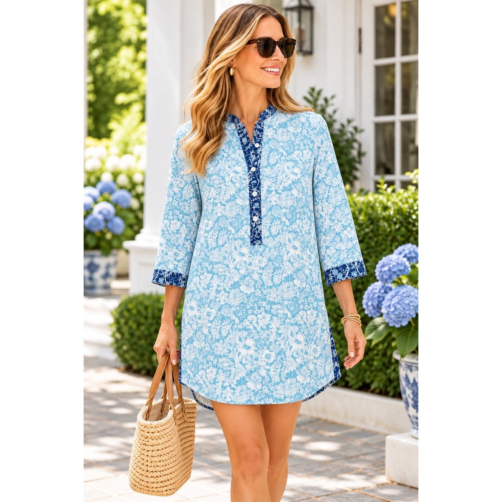 Tuckernuck Hyacinth House Floral Tunic Dress Womens Blue White Cotton ($158) XS